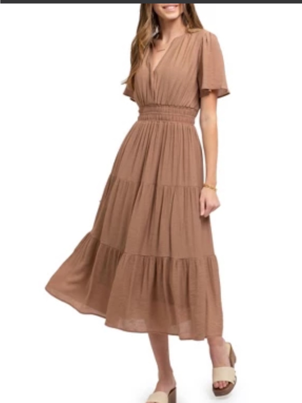 August Sky Women's Split Neck Smocked Tiered Floral
Midi Dress, Tan, Medium